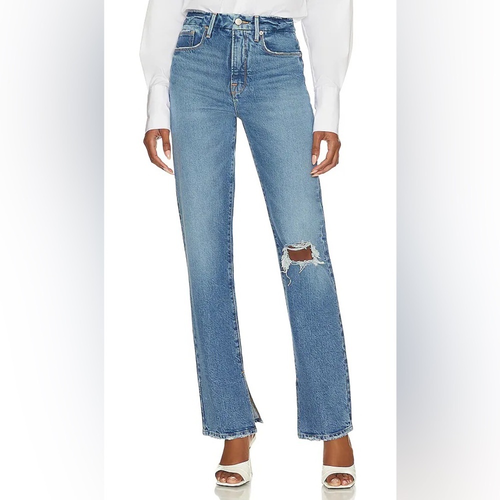 Good American Light Blue Straight Leg Jeans with Knee Rip